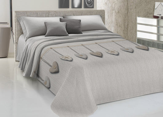 Copriletto Piquet Primavera Estate 100% Cotone Disegno Cuore Appeso - Matrimoniale - Beige