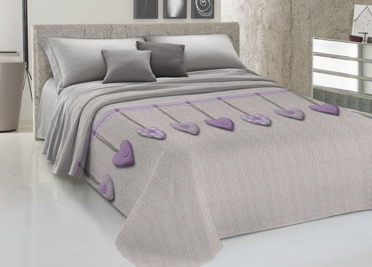 Copriletto Piquet Primavera Estate 100% Cotone Disegno Cuore Appeso - Matrimoniale - Lilla