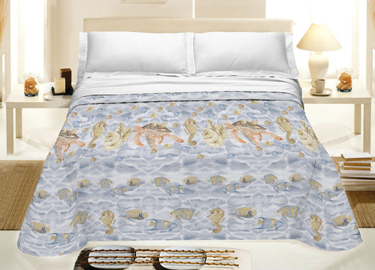 Copriletto Piquet Primavera Estate 100% Cotone Disegno Sea Life - Singolo - Naturale