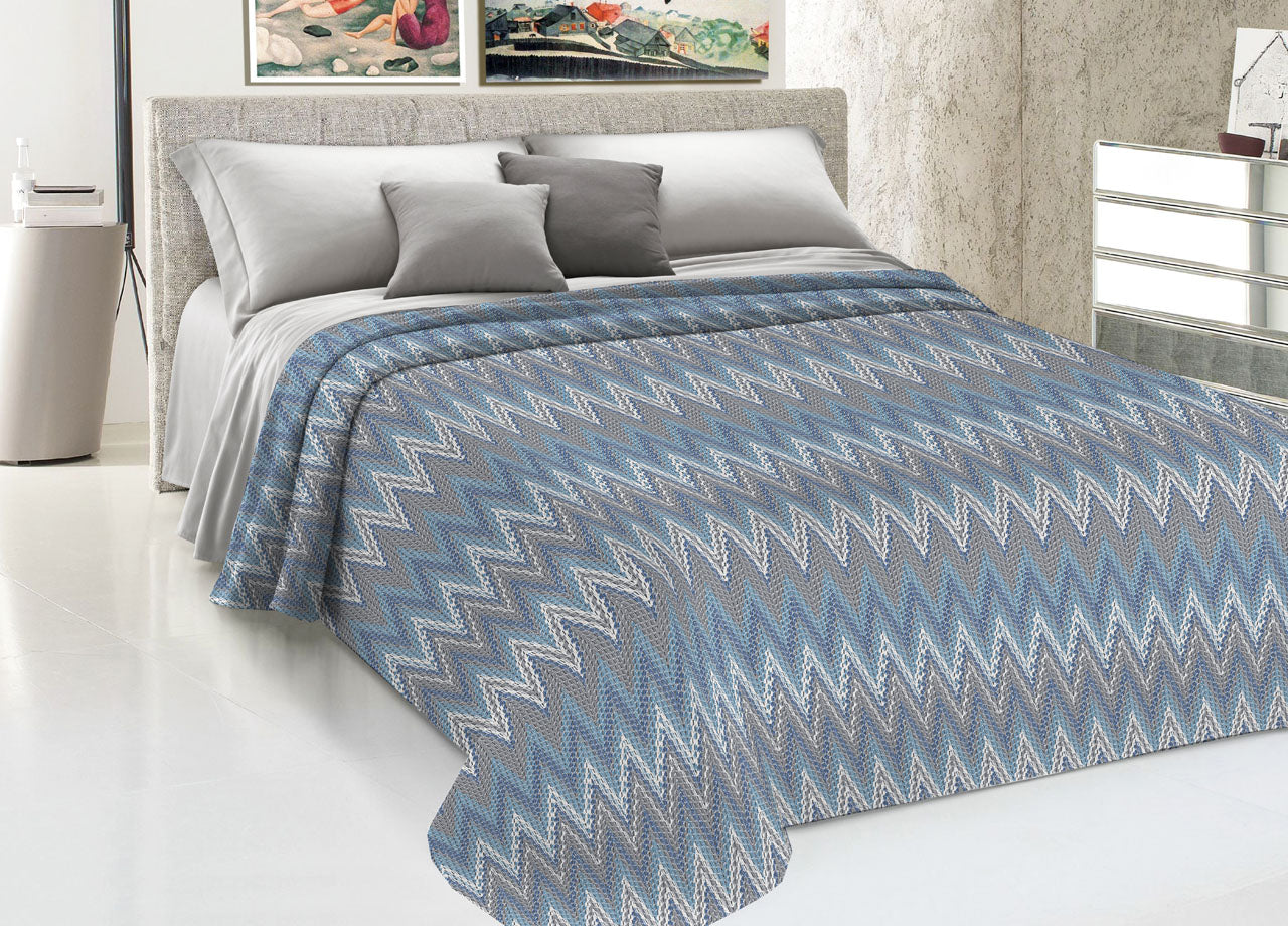 Copriletto Piquet Primavera Estate 100% Cotone Disegno Spinato Rigato - Matrimoniale - Azzurro