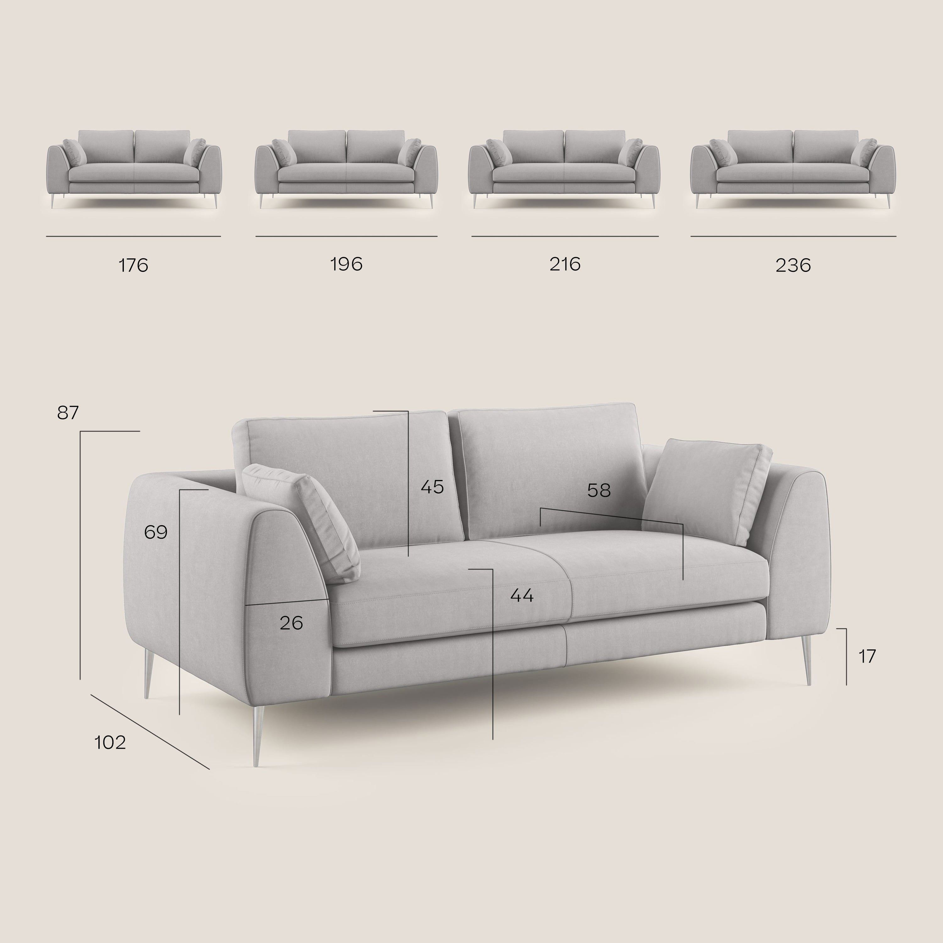 Plano Divano moderno in microfibra tecnica smacchiabile T11 196 cm grigio