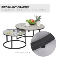 Set 2 Tavolini da Caffè Sovrapponibili Rotondi in Metallo e MDF Effetto Marmo, Grigio e Nero