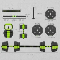Set di Manubri Regolabili da 25 kg 4 in 1, con funzione di Kettlebell, Manubri, Bilanciere e Supporto per Flessioni, Verde
