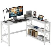 Scrivania ad angolo modulabile reversibile, scrivania con ripiani, ripiano di ripiani, telaio in metallo, 135x110x75cm, bianco