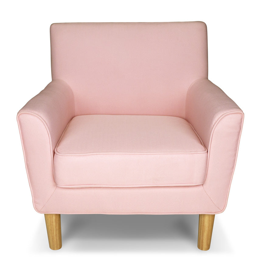 Poltrona in tessuto rosa e piedi in legno naturale mod. Narciso PL-NA19FBC