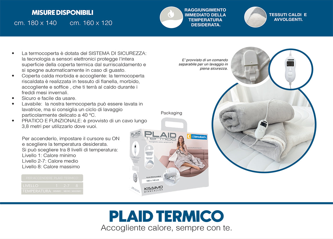 Plaid Termico Coperta Riscaldante Termocoperta Riscaldata Morbida Tinta Unita - 180x140 - Grigio
