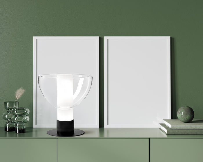 PLATO LAMPADA DA TAVOLO 2 LUCI ATTACCO G9  IN METALLO NERO E VETRO SOFFIATO