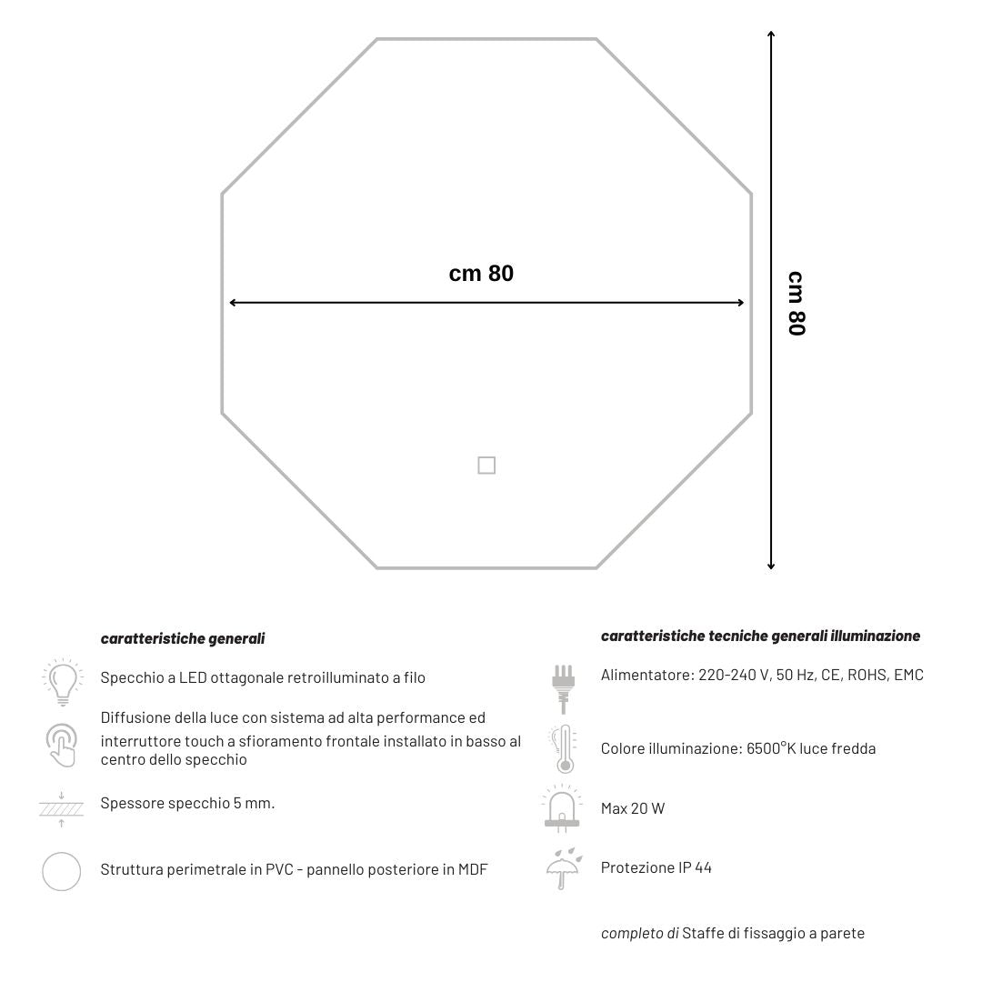 Specchio 5 mm ottagonale retroilluminato a filo led interruttore touch *** misure 80x80 cm, tonalità dimmerabile 270...