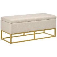Panca con Contenitore in Poliestere Trapuntata con Gambe in Acciaio d'oro, 110x44x48cm, Beige