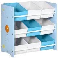 Mobiletto Portagiochi con 9 Cestini Rimovibili in MDF e Tessuto, 63x30x60cm, Azzurro