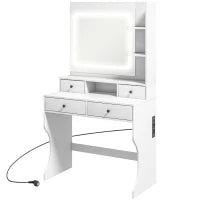 Toeletta Trucco con Luci LED 3 Tonalità e Specchio, Prese USB, 4 Cassetti e Mensole, 90x45x160cm, Bianco