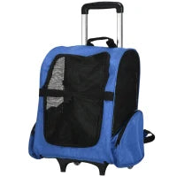 Trasportino Zaino 2 in 1 per Cani e Gatti con Tasche e Maniglia Telescopica, 42x25x55cm, Blu