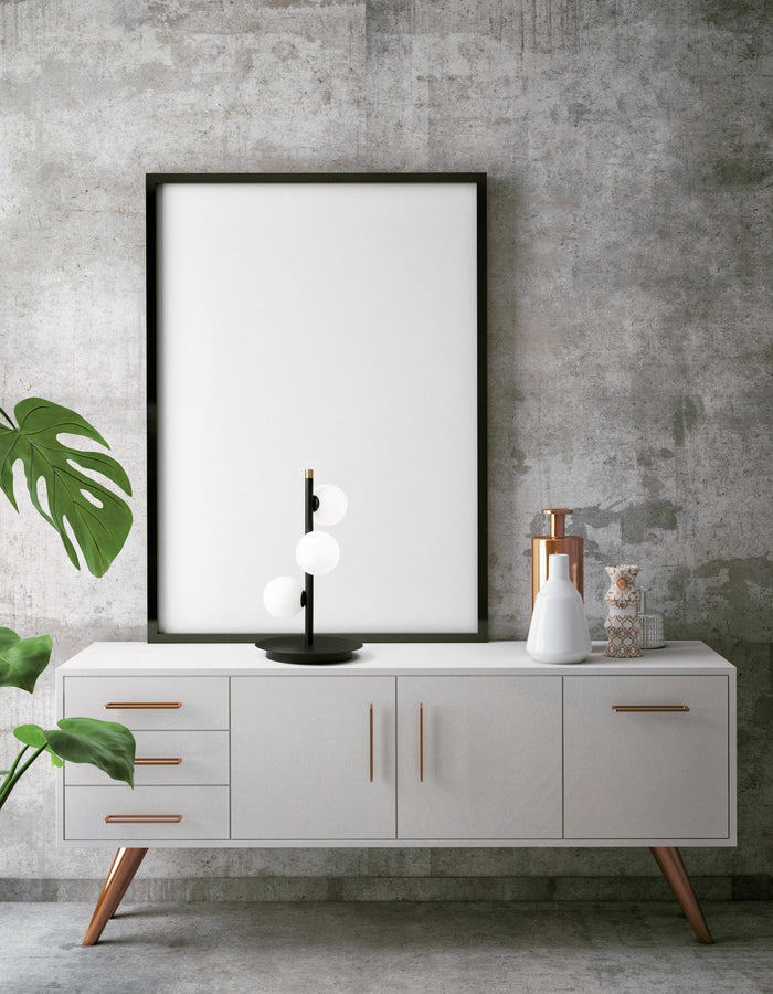 POMI' LAMPADA DA TAVOLO 3 LUCI NERO E PARTICOLARI ORO ATTACCO G9