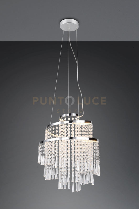 POMP SOSPENSIONE LED  30W 4300lm, 2700 - 6500K METALLO CROMATO E PENDENTI CON TELECOMANDO MULTIFUNZIONE D. 38CM DIMMERABILE