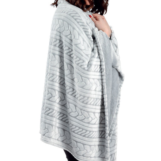 Poncho Felpa Plaid Coperta Retro Agnellato Sherpa Inverno Caldo Dis. Maglia - Poncho - Grigio