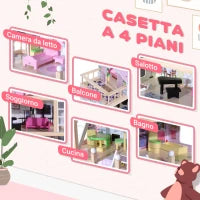 Casa delle Bambole per Bambini 3+ Anni in Legno di Pino e MDF a 4 Piani con 13 Accessori, Rosa, 60x30x80 cm