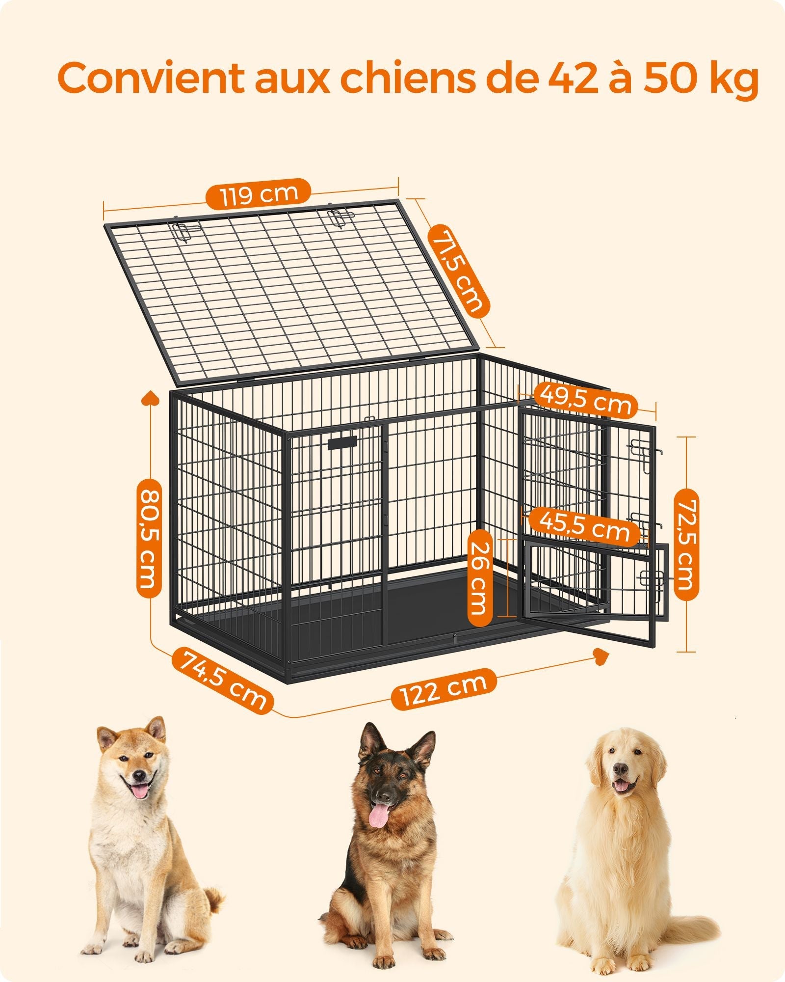 Gabbia per cani resistente 107 x 70 x 749 cm per cani di taglia grande e media doppia porta antifuga recinti per cani rimovibili e facili da pulire XL nera 12_0004772