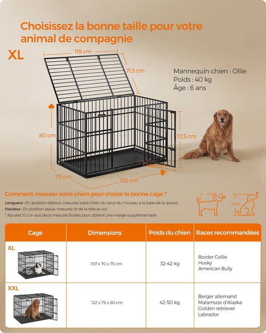 Trasportino per cani resistente Trasportino per animali domestici 107 x 70 x 75 cm per cani di taglia media e grande Trasportino con tetto rimovibile e vassoio Doppia porta Nero inchiostro 12_0004778