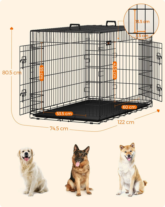 Gabbia per cani 2 porte pieghevole trasportabile con maniglie e vassoio taglia XXXL 122 x 76 x 81 cm nero 12_0004783