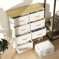 Cassettiera 8 Cassetti Pieghevoli con 4 Tasche e 2 Ganci, in Legno, Acciaio e Tessuto, 86x30x94.5 cm