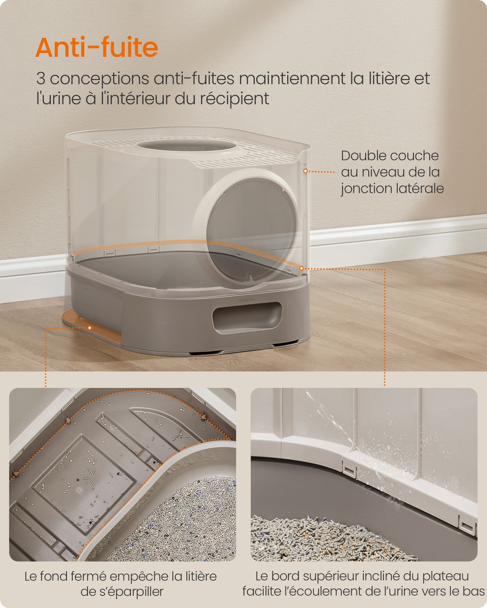 Lettiera XXL per gatti con coperchio vassoio rimovibile paletta spazzola spazio per gatti di grandi dimensioni meno tracce fondo a prova di perdite grigio 12_0004052