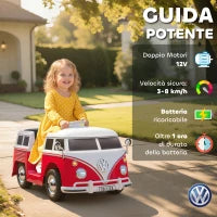 Auto Elettrica per Bambini Licenza Volkswagen T1 con Lettore MP3, in Metallo e PP, 89x49x41.5 cm, Rosso
