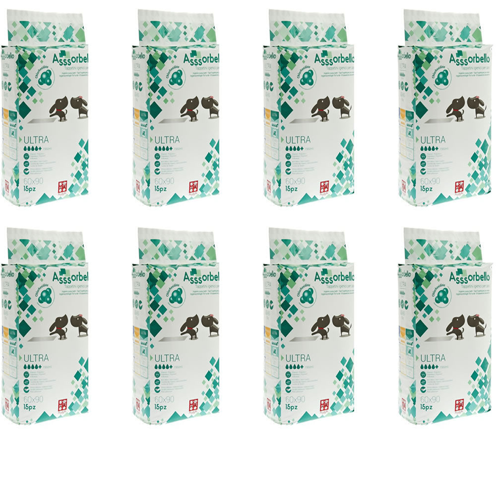 Multipack 8 confezioni da 15 pezzi assorbello tappetini igenici ultra per cani 60x90