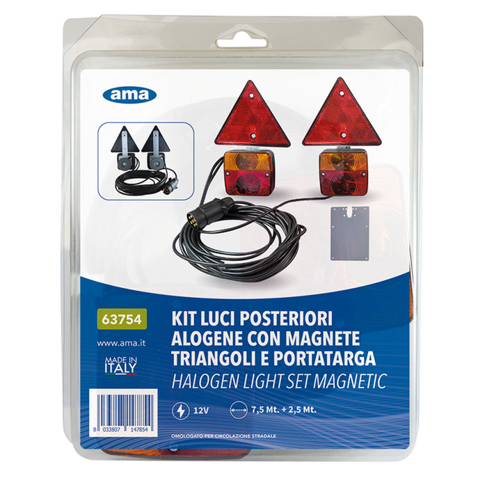 KIT LUCI STOP FANALI TRIANGOLI POSTERIORI MAGNETICHE 12V RIMORCHIO CARRELLO AMA 63754