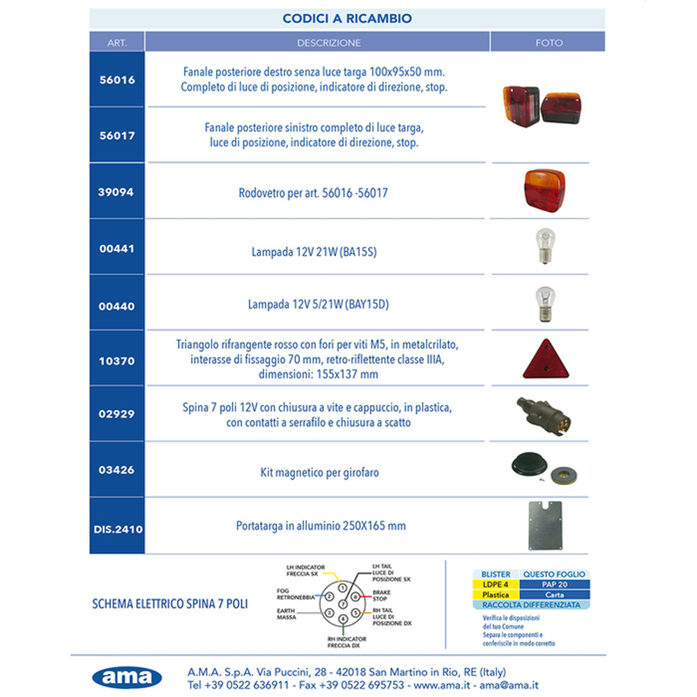 KIT LUCI STOP FANALI TRIANGOLI POSTERIORI MAGNETICHE 12V RIMORCHIO CARRELLO AMA 63754