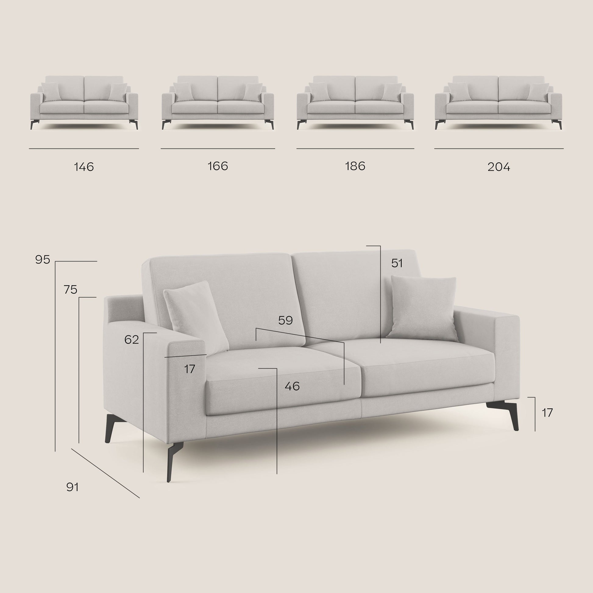Divano 2 Posti 146x95x91 cm in Tessuto Beige