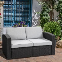 Divano da Esterno a 2 Posti da in PP Plastica ad Effetto Rattan, Divano da Giardino con Cuscini Rimovibili e Lavabili, Grigio e Nero