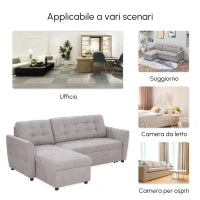 Divano Letto 3 Posti con Chaise Longue Contenitore in Tessuto, 217x134x85cm, Grigio