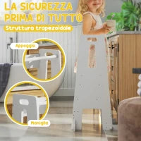 Scala Montessori per Bambini Regolabile su 3 Livelli con Barra di Sicurezza, in Legno, 45x47.5x91 cm, Bianco