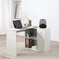 Scrivania angolare girevole 180°, con libreria, cassetto e armadietto, 117x82x74cm, Bianco