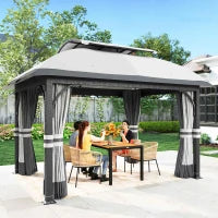 Gazebo da Giardino 4x3 m con Zanzariere e Doppio Tetto, in Metallo e Poliestere Grigio Chiaro