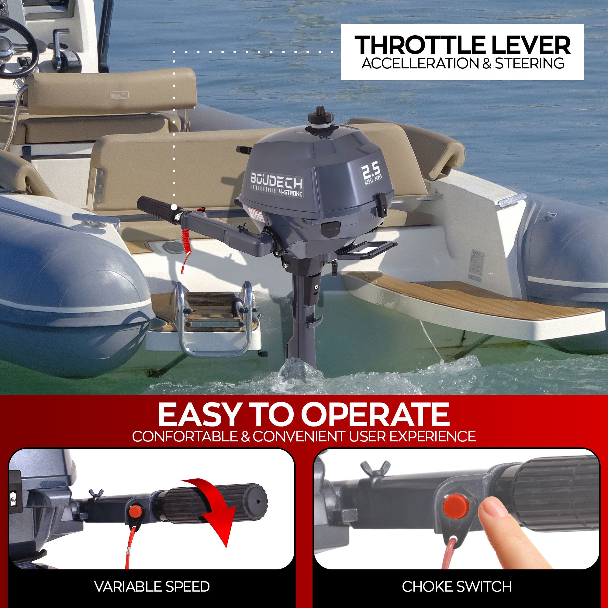 Krave 2.5 - Motore Marino Fuoribordo a Benzina 4 Tempi 72cc 2.5 Hp Gambo Corto per Gommoni Barche da Pesca