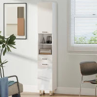 kleankin Colonna Bagno con Cassetto, 2 Ripiani Aperti e 2 Armadietti a 2 Livelli, in Legno, 30x30x180 cm, Bianco Lucido