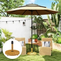 Base per Ombrellone a 4 Ruote con Freni, in Cemento e Metallo, Ø48x44 cm, Color Legno