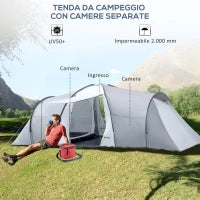 Tenda da Campeggio 5 Posti con 2 Camere Impermeabile con Baldacchino, 590x245x193 cm, Grigio