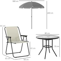 Set da Giardino 6 Pezzi in Acciaio con 4 Sedie Pieghevoli, Ombrellone e Tavolo Rotondo, Crema, Grigio e Nero