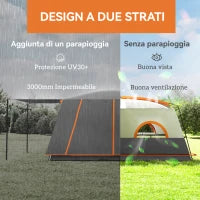 Tenda da Campeggio per 4-6 Persone con 2 Stanze e Veranda, Impermeabile e UPF 30+, Borsa di Trasporto, Grigio