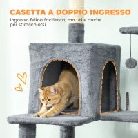 Albero Tiragraffi per Gatti Alto 202 cm con 6 Pali in Sisal, 2 Casette, 2 Amache e Lettino, Grigio