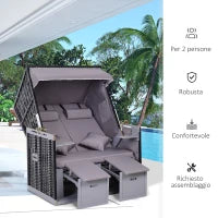 Sdraio da Spiaggia Reclinabile a 2 Posti con Tettuccio Parasole e Cassetti, Grigio