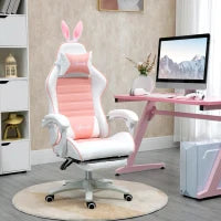 Sedia Gaming Ergonomica con Orecchie, Poggiapiedi Estraibile, Cuscino Lombare e Poggiatesta, Rosa