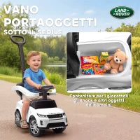 Macchina Cavalcabile Licenza Land Rover con Maniglia e Barriera, in PP e Acciaio, 84x40x94.5 cm, Bianco