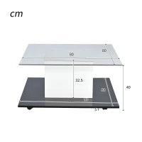 Tavolino da salotto moderno in vetro lucido con striscia LED regolabile e ruote girevoli, 80×80×40 cm, Bianco+Nero