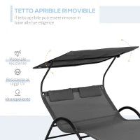 Lettino Prendisole Reclinabile a 2 Posti con Ruote, Poggiatesta Imbottito e Tetto, 200x137x138 cm, Grigio