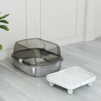 Lettiera per Gatti Coperta con Piatto in Acciaio Inox Bordi Alti Pala Pedana e Zona per la Caduta della Sabbia Grigio