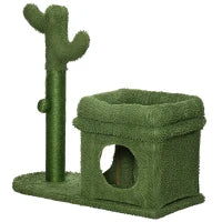 Tiragraffi per Gatti con Lettino, Casetta e Palo in Sisal a Forma di Cactus, 68x30x67cm, Verde