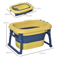 Vaschetta Bagnetto Neonato Pieghevole con Supporto Antiscivolo, Vaschetta da Bagno Portatile per Neonati e Bambini di 0-6 Anni con Foro di Scarico, 75.3x55.4x43cm, Blu e Giallo